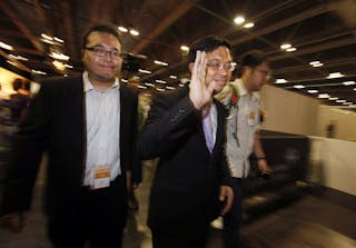 James To from the Democratic Party waves after winning in the territory-wide poll of the Legislative Council election in Hong Ko