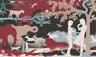 Editable vector silhouettes of Adam and Eve in the Garden of Eden with all figures as separate objects