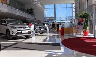 Moscow, Russia - May 25, 2017: Selling cars Toyota in the showroom. New products automaker Toyota