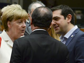 Greek Prime Minister Tsipras speaks with Germany Chancellor Merkel and French President Hollande at a euro zone leaders summit i