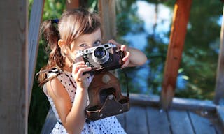 Girl, child, 5, years, Slavic, appearance, beautiful, cute, wooden, porch, terrace, green, greenery, light brown, hair, ponytail