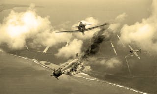 'Vintage Style' image of a World War 2 US fighter plane shooting down Japanese torpedo bomber over Saipan. (Artists Impression) 