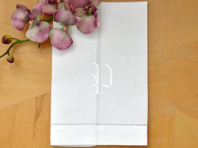 Monogrammed White Linen Hand Towel w/ Single Initial Font V