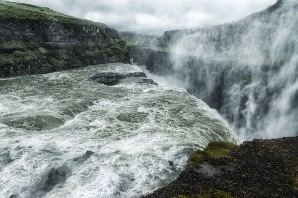 landskap, foss, vann, stein, natur, himmel