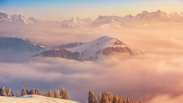 sunlight, landscape, sunset, hill, nature, snow