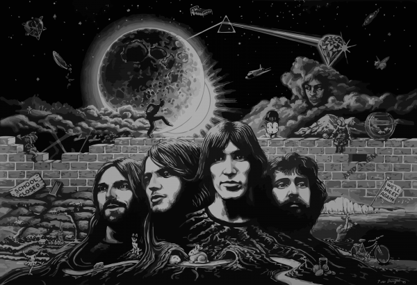 ilustrace, černobílý, klasický rock, Skála, Pink Floyd, půlnoc