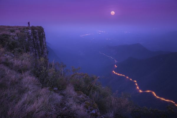 krajobraz, Góry, noc, światła, morze, Natura