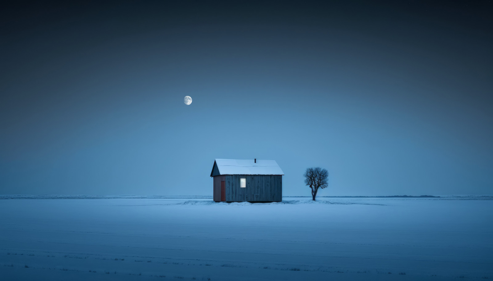 ai art, casa, Lua, azul, inverno, noite, neve