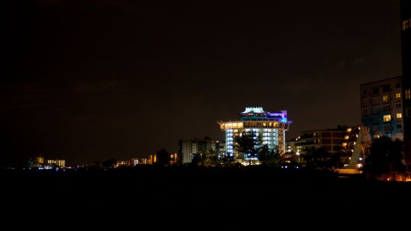 lights, cityscape, night, city, building, beach