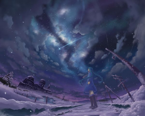 night, anime girls, space, sky, snow, winter