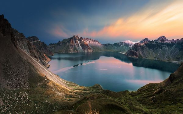 landscape, mountains, sunset, sea, China, lake