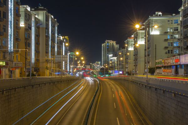 青島,シティ,夜,都市景観,長時間露光,街の明かり