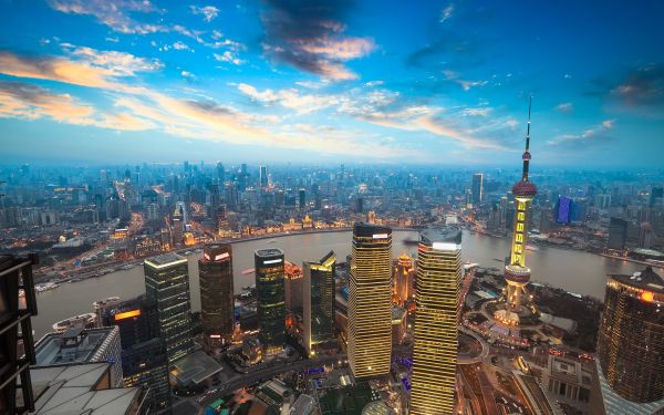 Stadt, Stadtbild, Nacht-, China, Betrachtung, Skyline