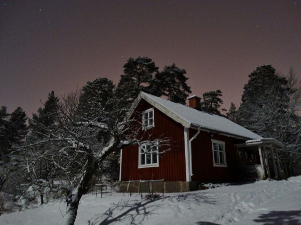 panorama, noite, neve, inverno, casa, Estrelas