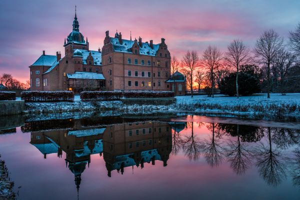 solnedgang,slot,nat,vinter,sne,afspejling