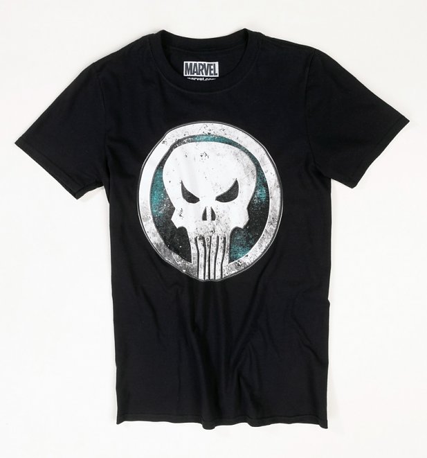 Black Marvel Distressed Punisher Skull T-Shirt