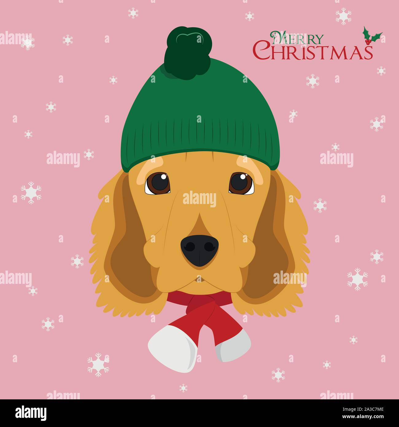 Christmas greeting card. English Cocker Spaniel dog wearing a woolen cap for winter Stock Vector