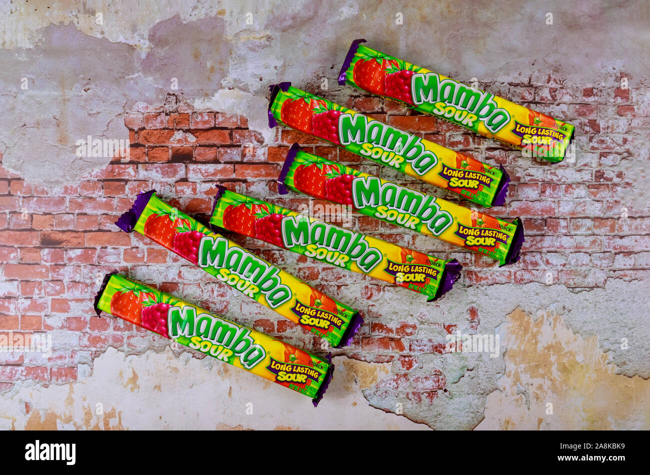 New York NY NOV 08 2019: Colorful Mamba Fruit Chews made by August Storck KG Stock Photo