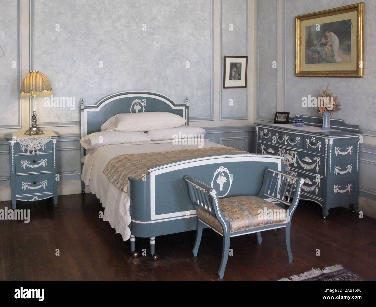 Bed in Lady Mary Pellatt Suite in Casa Loma, Toronto, Ontario, Canada Stock Photo