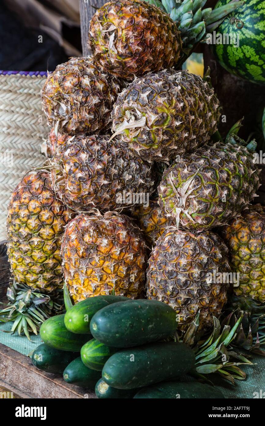 Tanzania.  Mto wa Mbu.  Pineapples and Cucumbers in the Market. Stock Photo