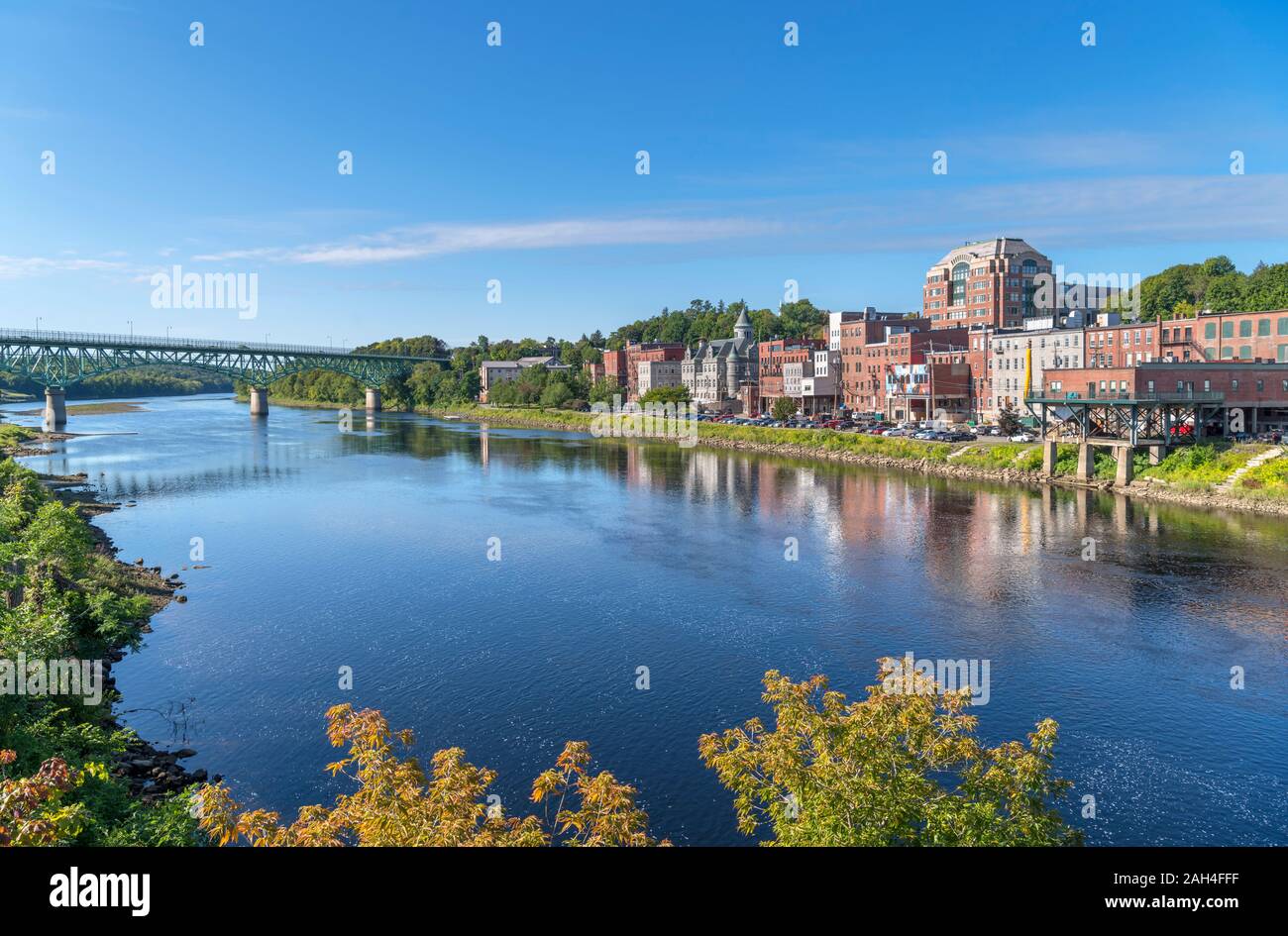 The Kennebec River looking towards the historic downtown waterfront, Augusta, Maine, USA Stock Photo