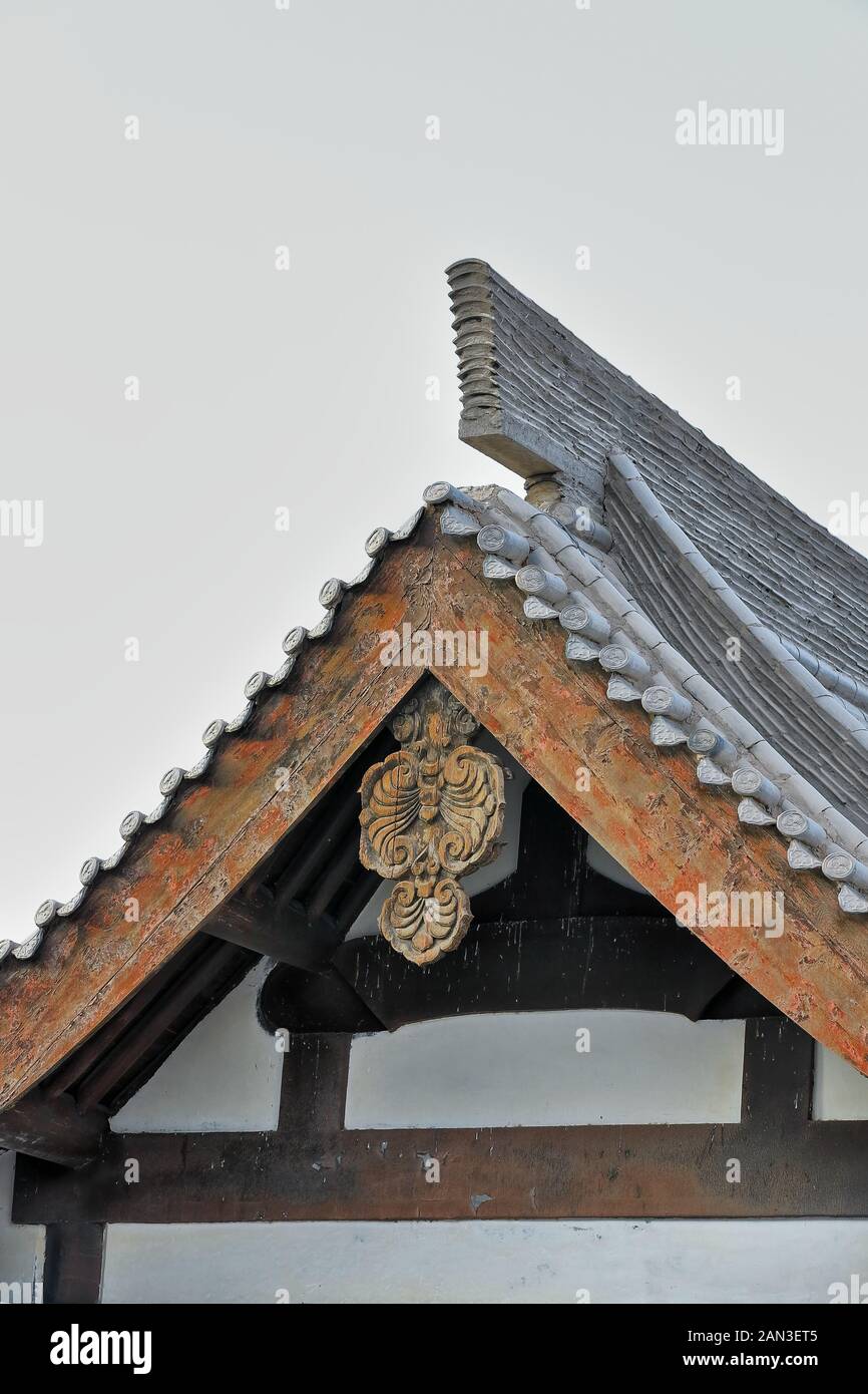 Gable roof of pavilion-Mingyue temple complex-Crescent Lake area. Dunhuang-Gansu-China-0665 Stock Photo