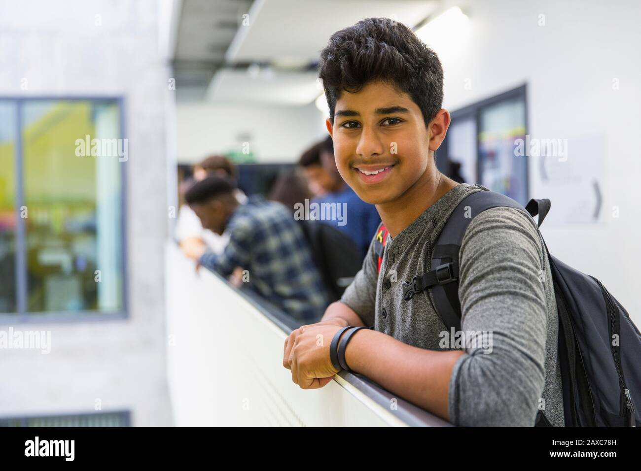 Portrait confident junior high boy student Stock Photo