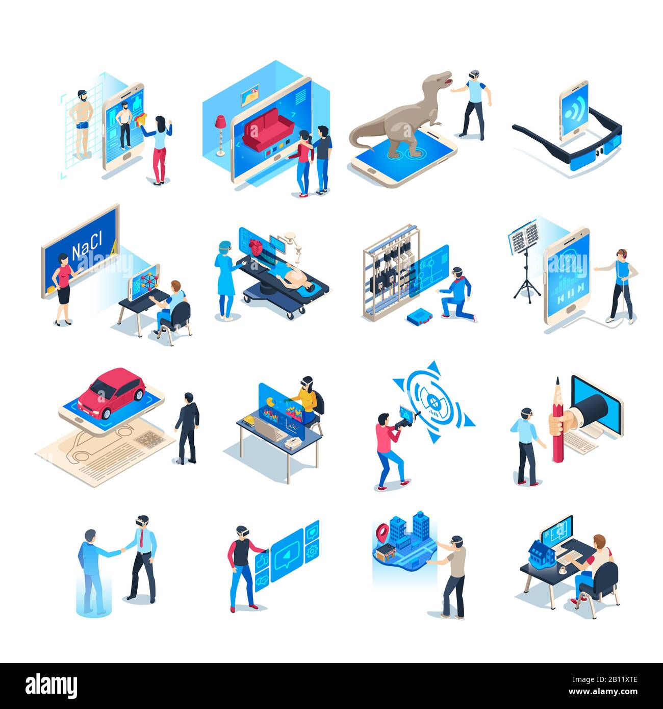 Isometric virtual reality simulations icons. Computer simulation helmet, augmented reality game vector illustration set Stock Vector