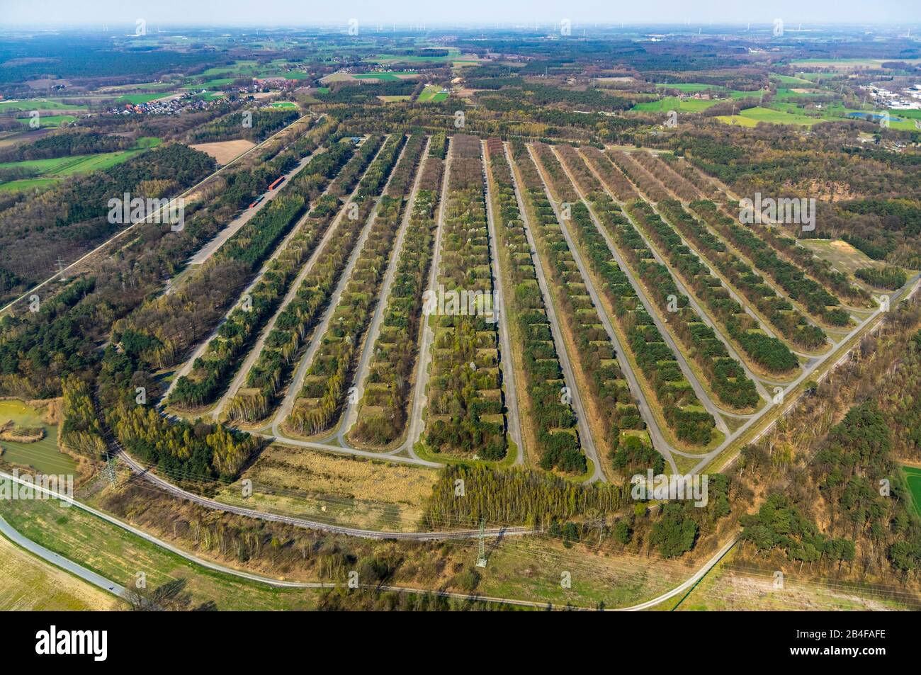 Aerial view of ammunition depot Ammunition Supply Center West of the Bundeswehr, formerly Army Ammunition Wulfen Ammunition Muna in Dorsten in the Ruhr area in the Federal State of North Rhine-Westphalia, Germany Stock Photo