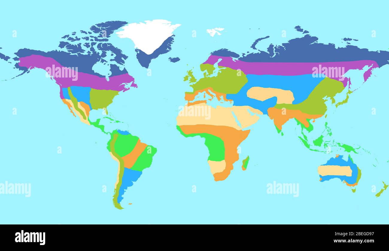 Map of Earth's major global biomes, including tropical rainforest, temperate forest, boreal forest (taiga), desert, grassland, savanna, tundra, and ice. Terrestrial biomes (also called ecosystems) are geographic land areas with similar climatic conditions, often characterized by the plants and animals found there. Eight biomes are shown here, though more complex classifications subdivide these biomes even further. Stock Photo