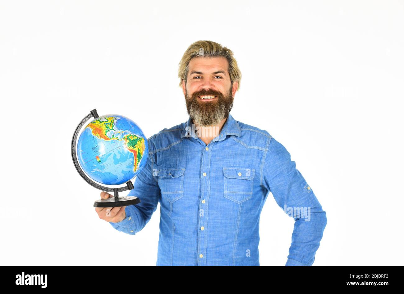 The globe Earth. Global networking and international business concept. happy bearded man with atlas. Social Media. concept of eco universe. back to school. ecology and media. Stock Photo