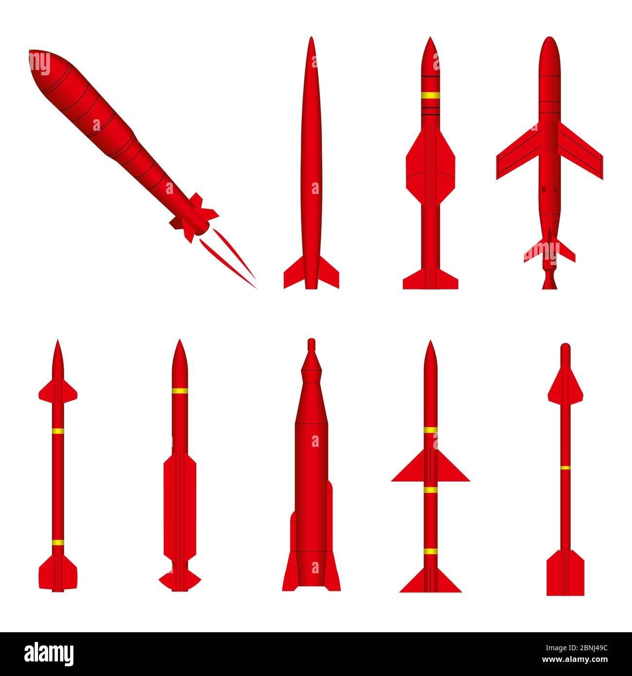 Set of military Missile on white background different forms and red colors it is powerful and terrible weapon. Stock Vector