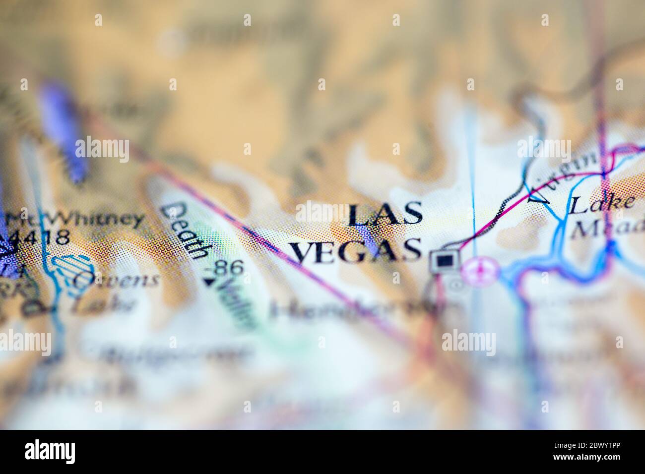 Shallow depth of field focus on geographical map location of Las Vegas city United States of America USA continent on atlas Stock Photo