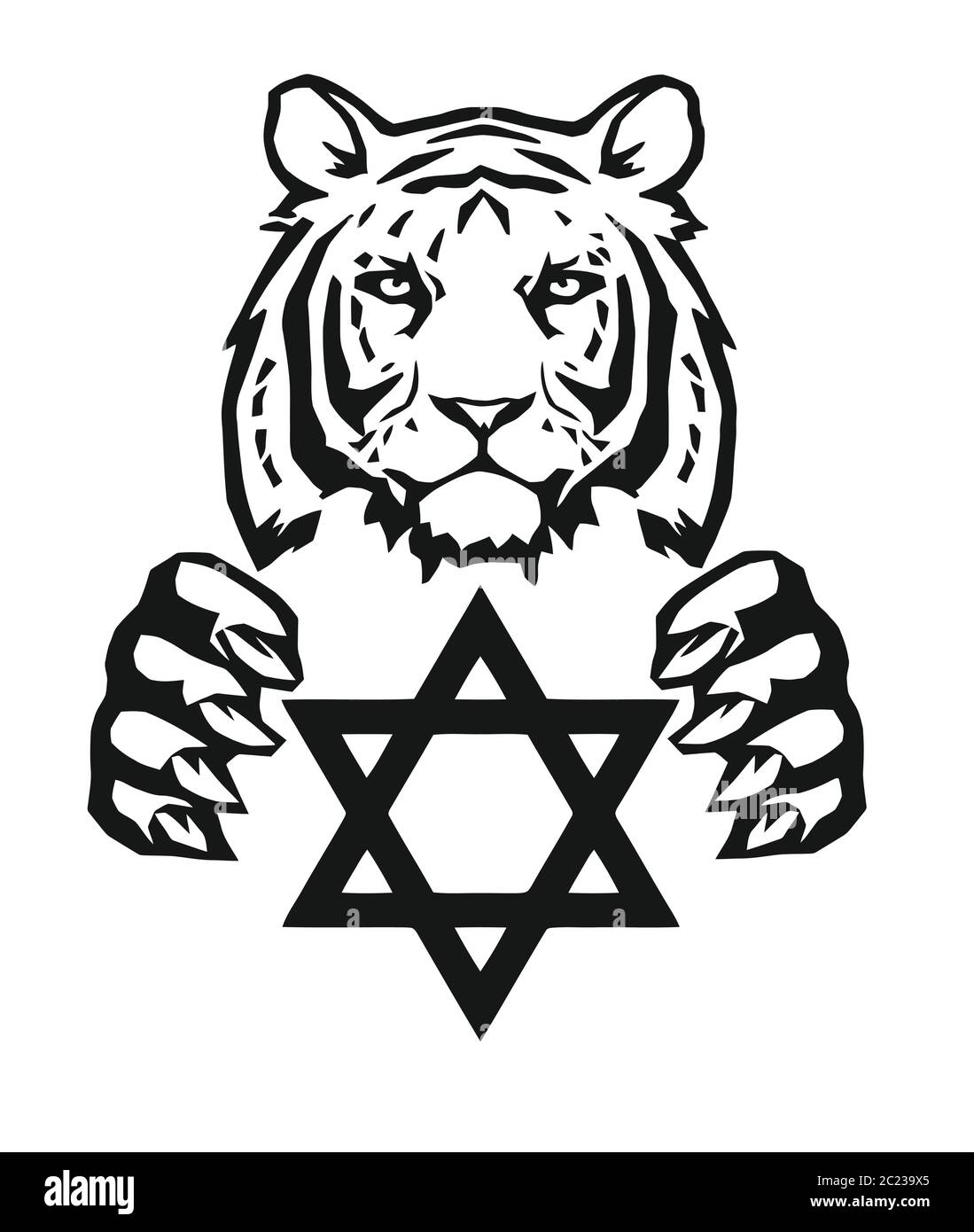 The Tiger and the symbol of Judaism - star of David, Megan David, drawing for tattoo, on a white background, vector Stock Vector