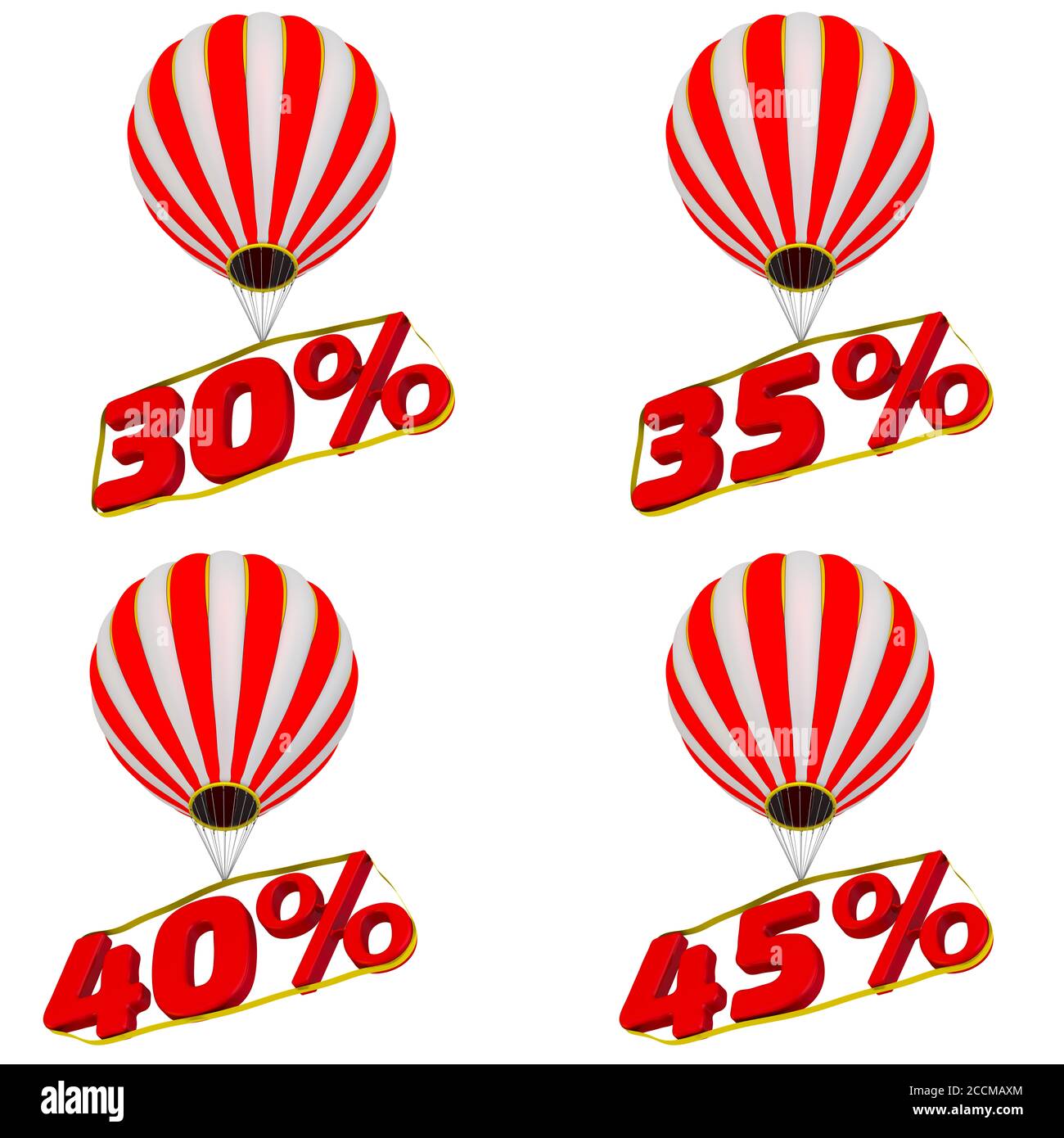 Set of 30;35;40;45 percentage flies on a hot air balloon. Isolated. 3D Illustration Stock Photo