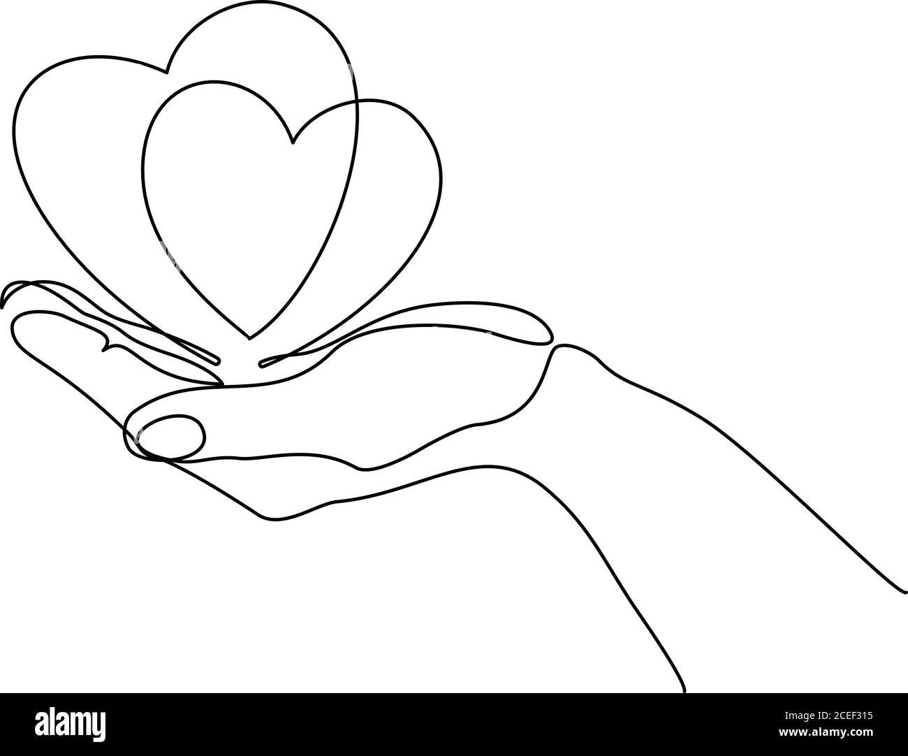 Hand holding heart sign. Continuous one line art drawing style. Black ...