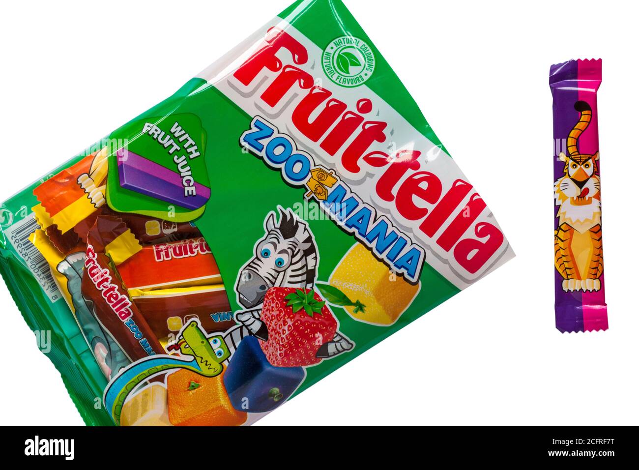 Packet of Fruit-tella zoomania zoo mania sweets candies with fruit juice opened with one removed set on white background Stock Photo