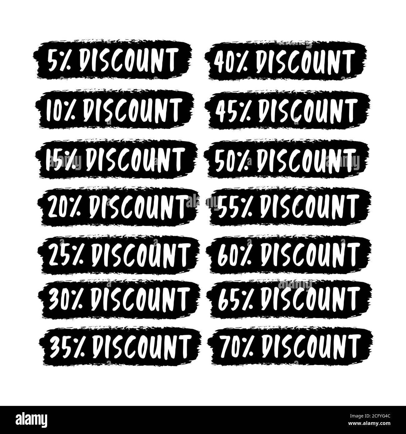 Hand sketched DISCOUNT word as set. Sale tags 5 off, 10, 15, 20, 25, 30, 35, 40, 45, 50, 55, 60, 65, 70 percent label Stock Vector