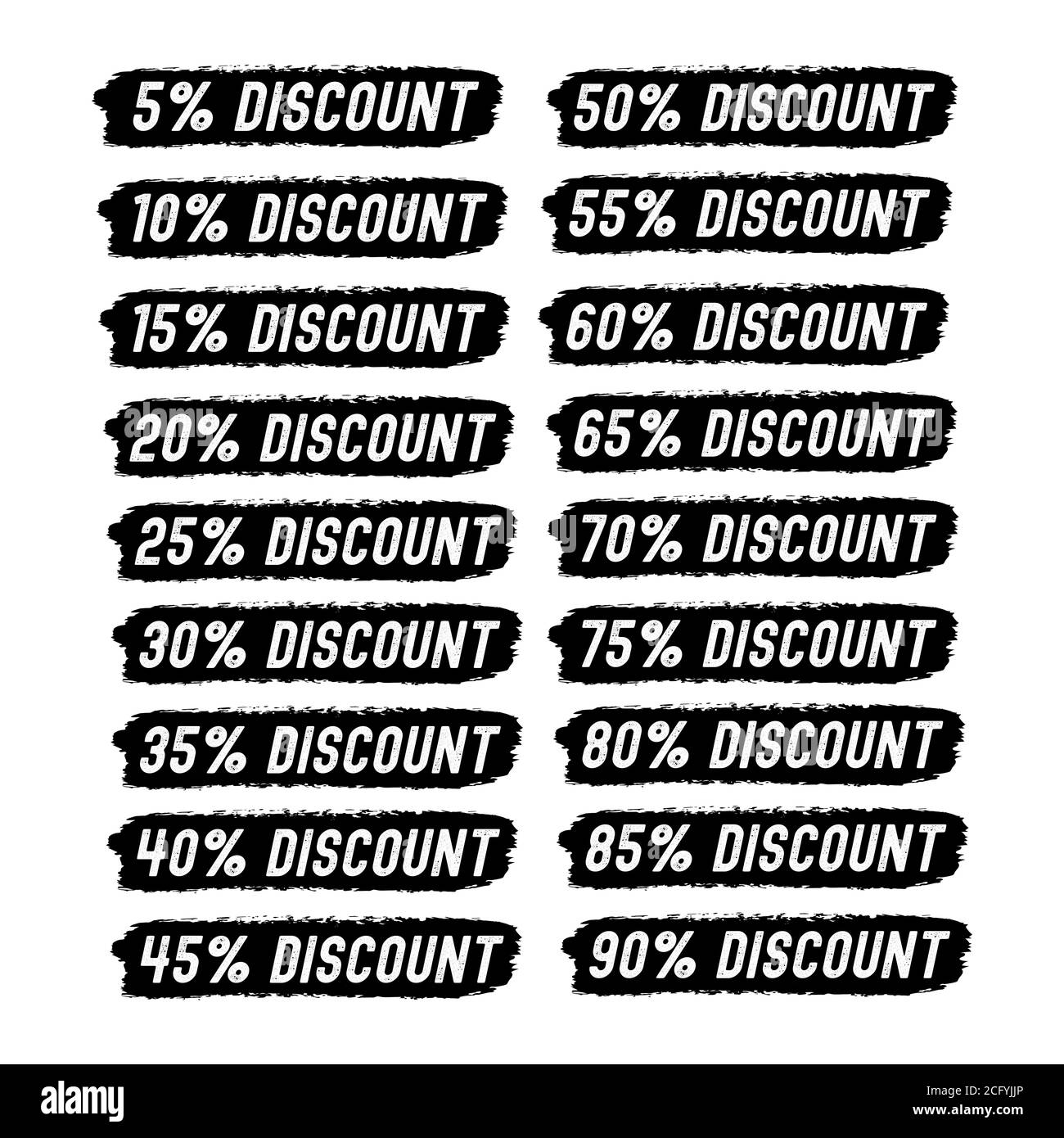 Hand sketched DISCOUNT word as set. Sale tags 5 off, 10, 15, 20, 25, 30, 35, 40, 45, 50, 55, 60, 65, 70 percent label Stock Vector