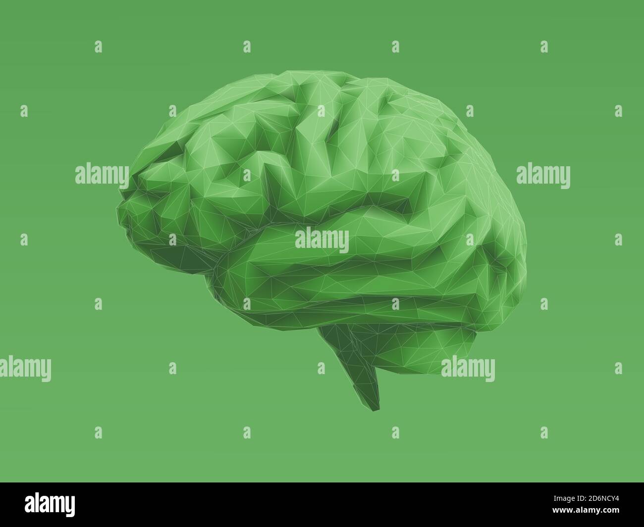 Low polygonal green brain with 3D shading illustration isolated on light green background Stock Photo