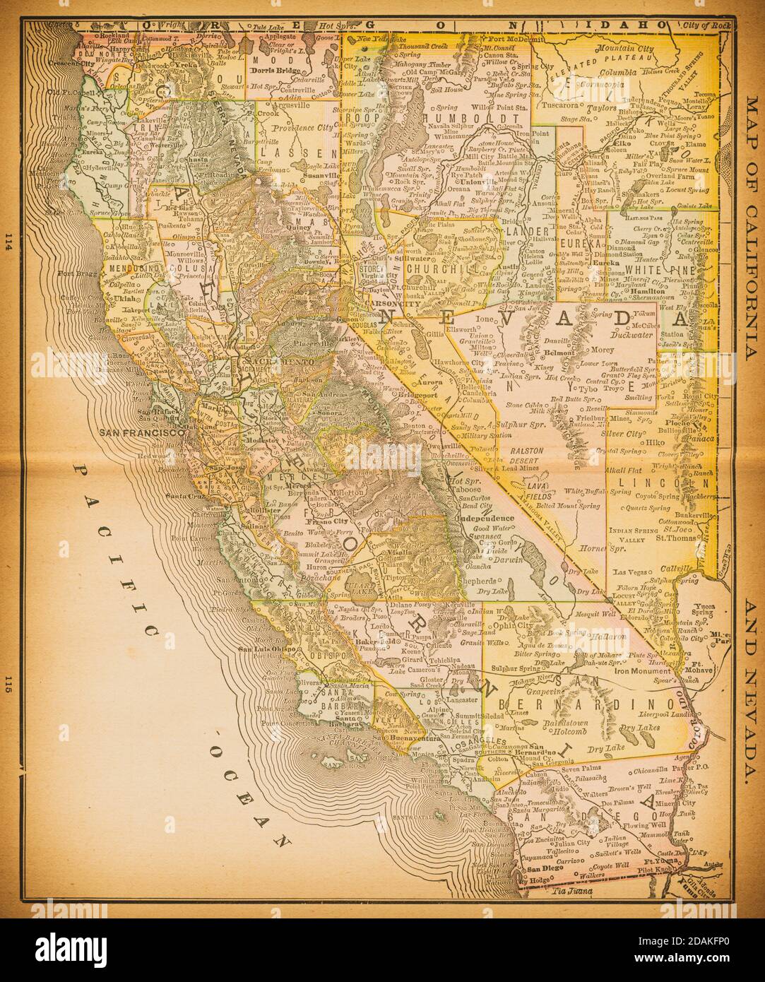 19th century map of California and Nevada. Published in New Dollar Atlas of the United States and Dominion of Canada. (Rand McNally & Co's, Chicago, 1 Stock Photo