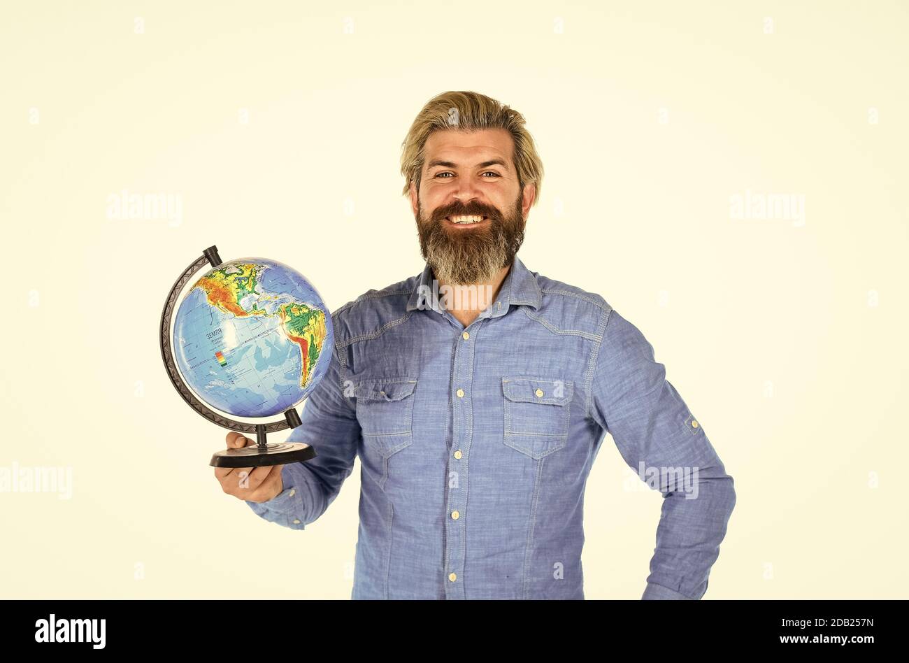 The globe Earth. Global networking and international business concept. happy bearded man with atlas. Social Media. concept of eco universe. back to school. ecology and media. Stock Photo