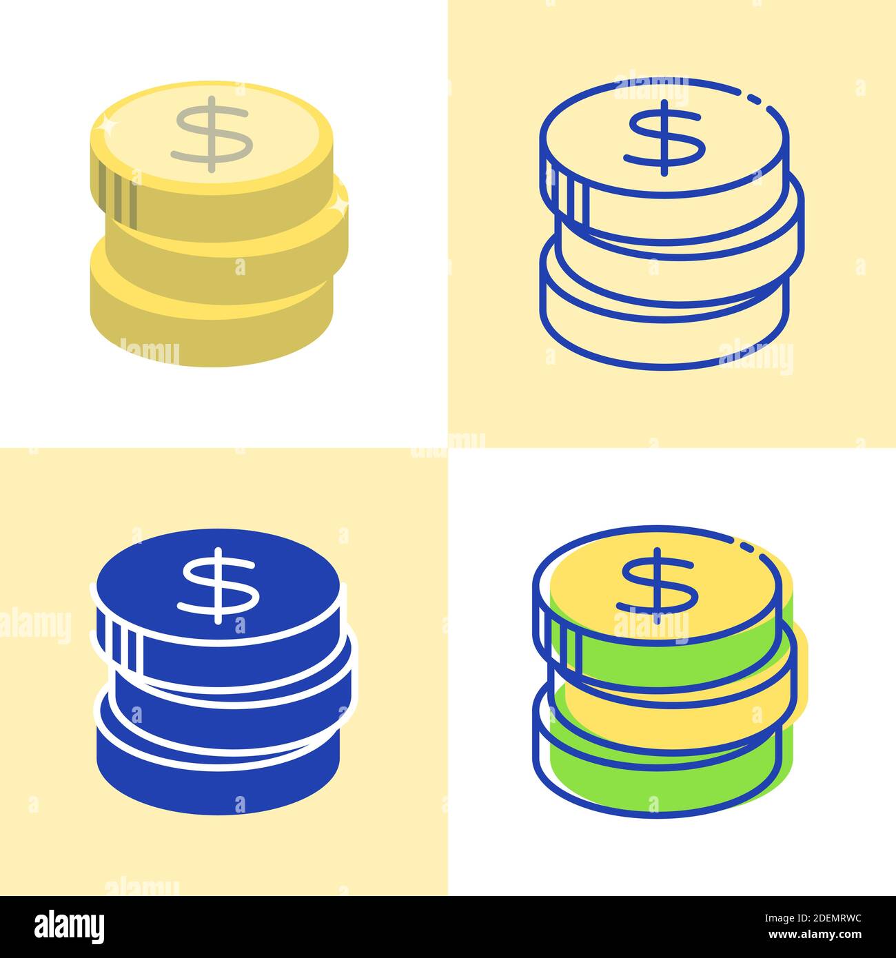 Stack of coins icon set in flat and line style. Money symbol isolated ...