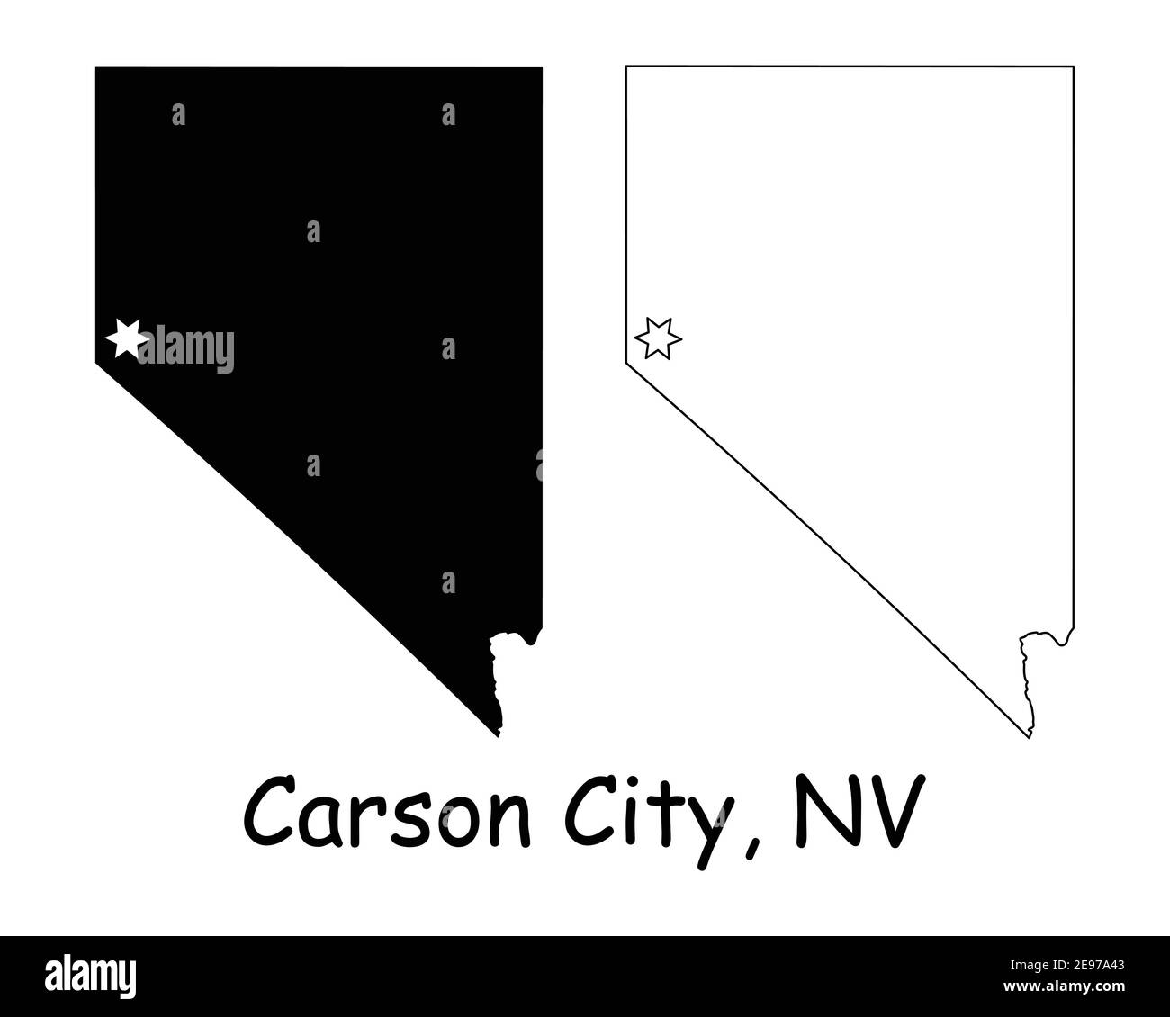 Nevada NV state Map USA with Capital City Star at Carson City. Black silhouette and outline isolated on a white background. EPS Vector Stock Vector