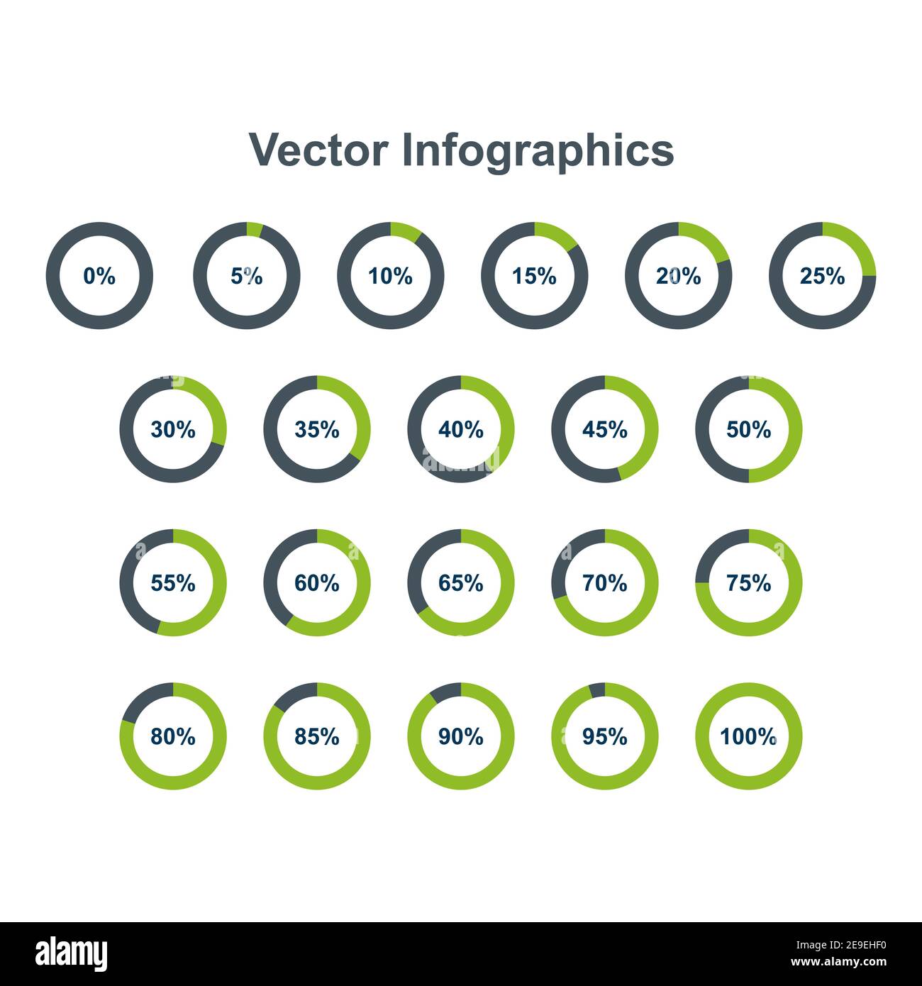 Set of pie chart infographic elements. 0, 5, 10, 15, 20, 25, 30, 35, 40, 45, 50, 55, 60, 65, 70, 75, 80, 85, 90, 95, 100 percents . Stock Vector