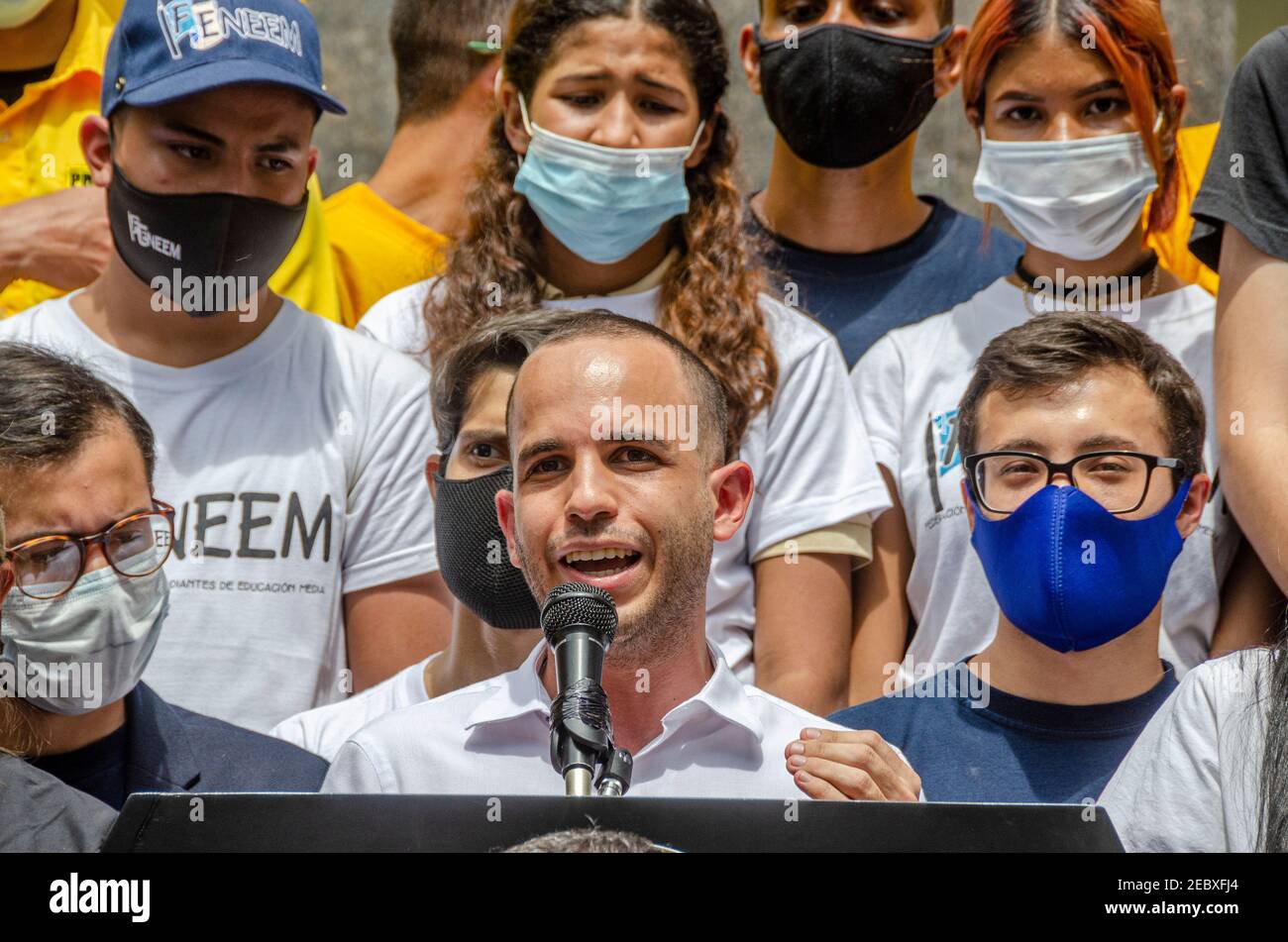 Hasler Iglesias, National Youth Coordinator of the Voluntad Popular party. Day of protest by students and youth from Venezuelan political parties this Stock Photo