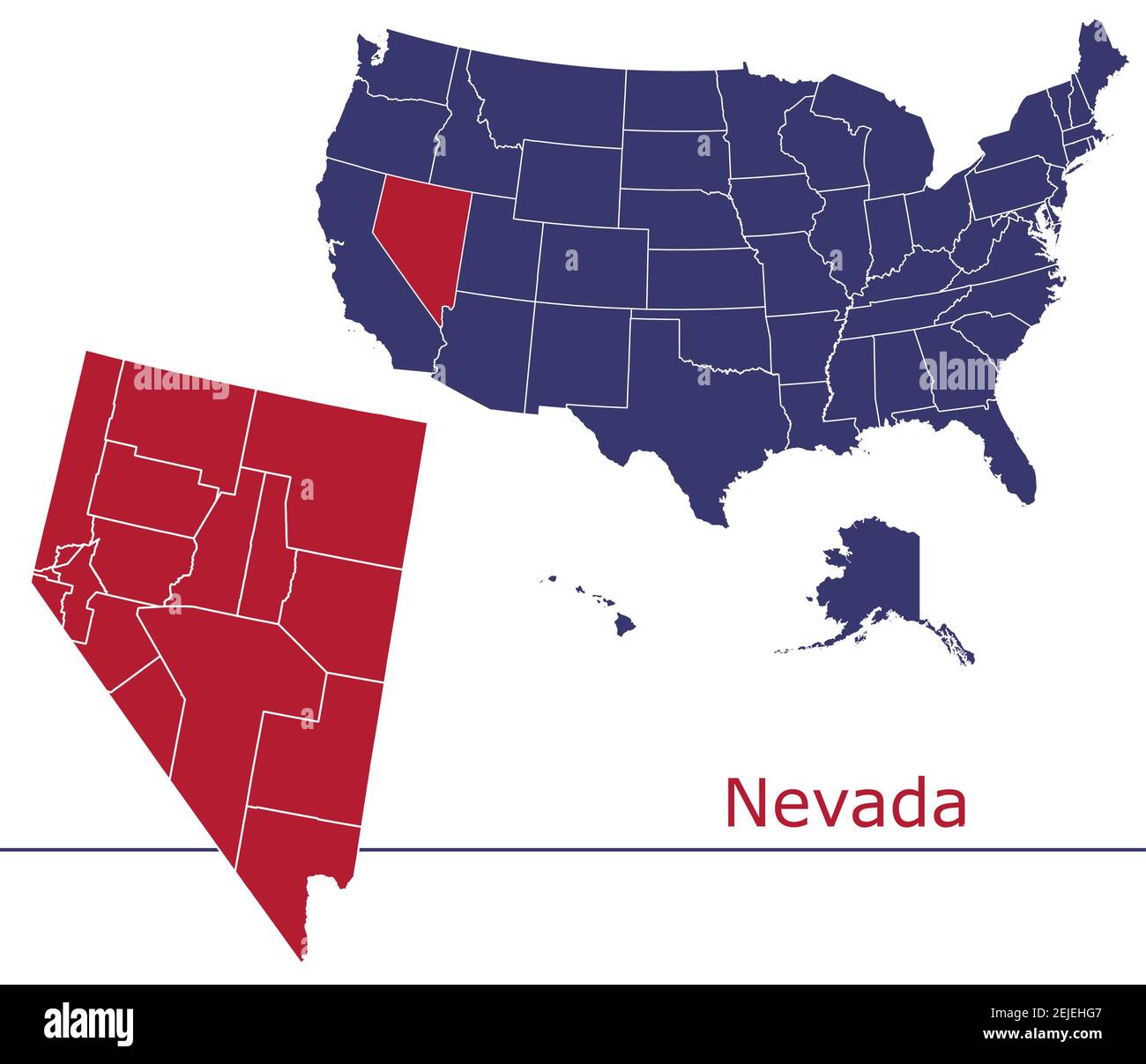 Nevada counties vector map outline with USA map colors national flag Stock Vector