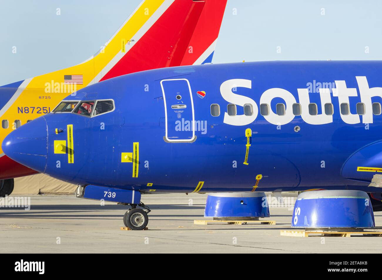 Southwest Airlines Boeing 737 MAX 8 jets under maintenance at the Southern California Logistics Airport. Stock Photo