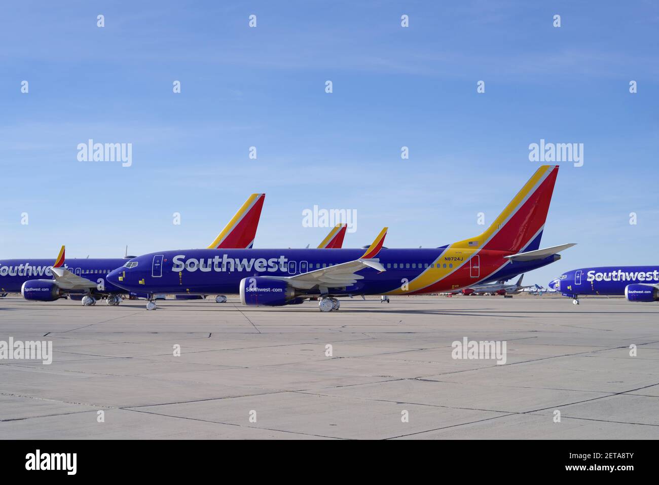 Southwest Airlines Boeing 737 MAX 8 with registration N8724J shown on the tarmac at the Southern California Logistics Airport. Stock Photo