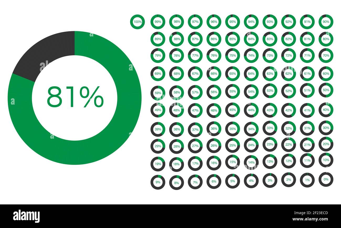 Set of Percentage Meter for Report Progress,  Icon loader 0 to 100, 5, 10, 15, 20, 25, 30, 35, 40, 45, 50, 55, 60, 65, 70, 75, 80, 85, 90, 95, 100, Stock Vector